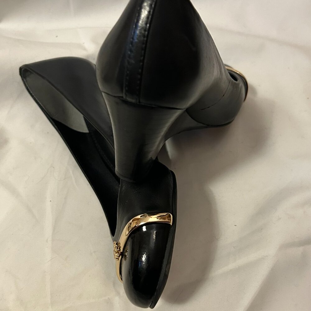 Tory Burch Pacey Black Leather Cap Toe Wedge Heels; Business/Event (Size 5M)